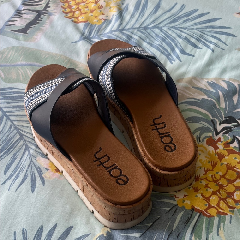 Earth Brown Cork Slide Sandals with Navy Braided Straps